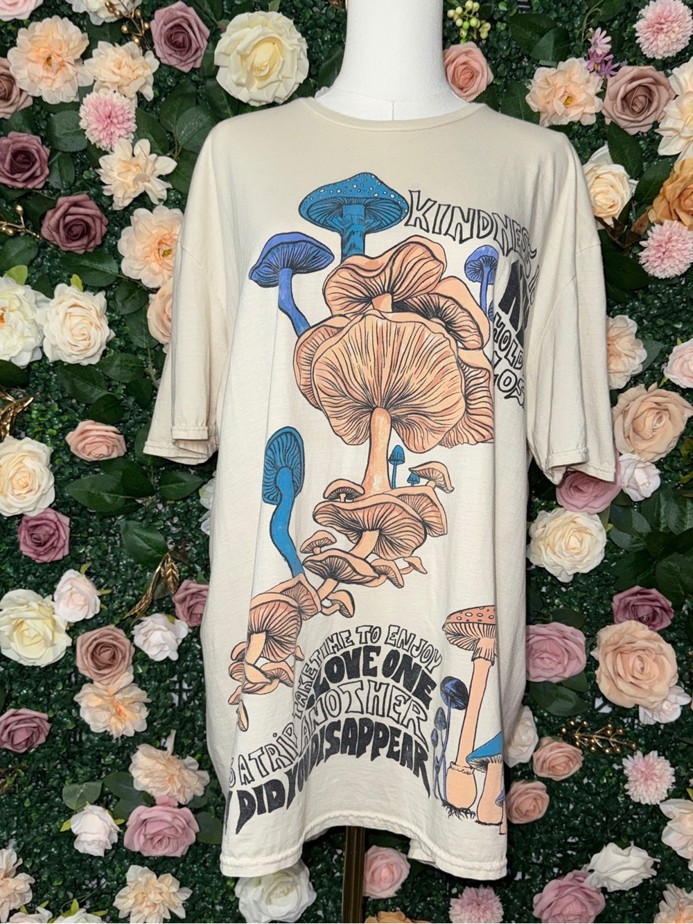Urban Outfitters Cream Oversized Graphic Tee with Blue and Brown Mushroom Print